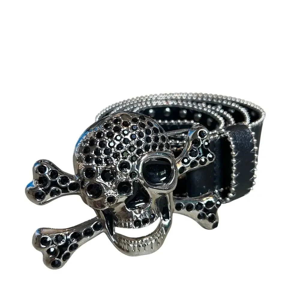 Pirate Belt Silver Rhinestone Skull Black Leather Glam Rock Goth Y2K Punk Grunge